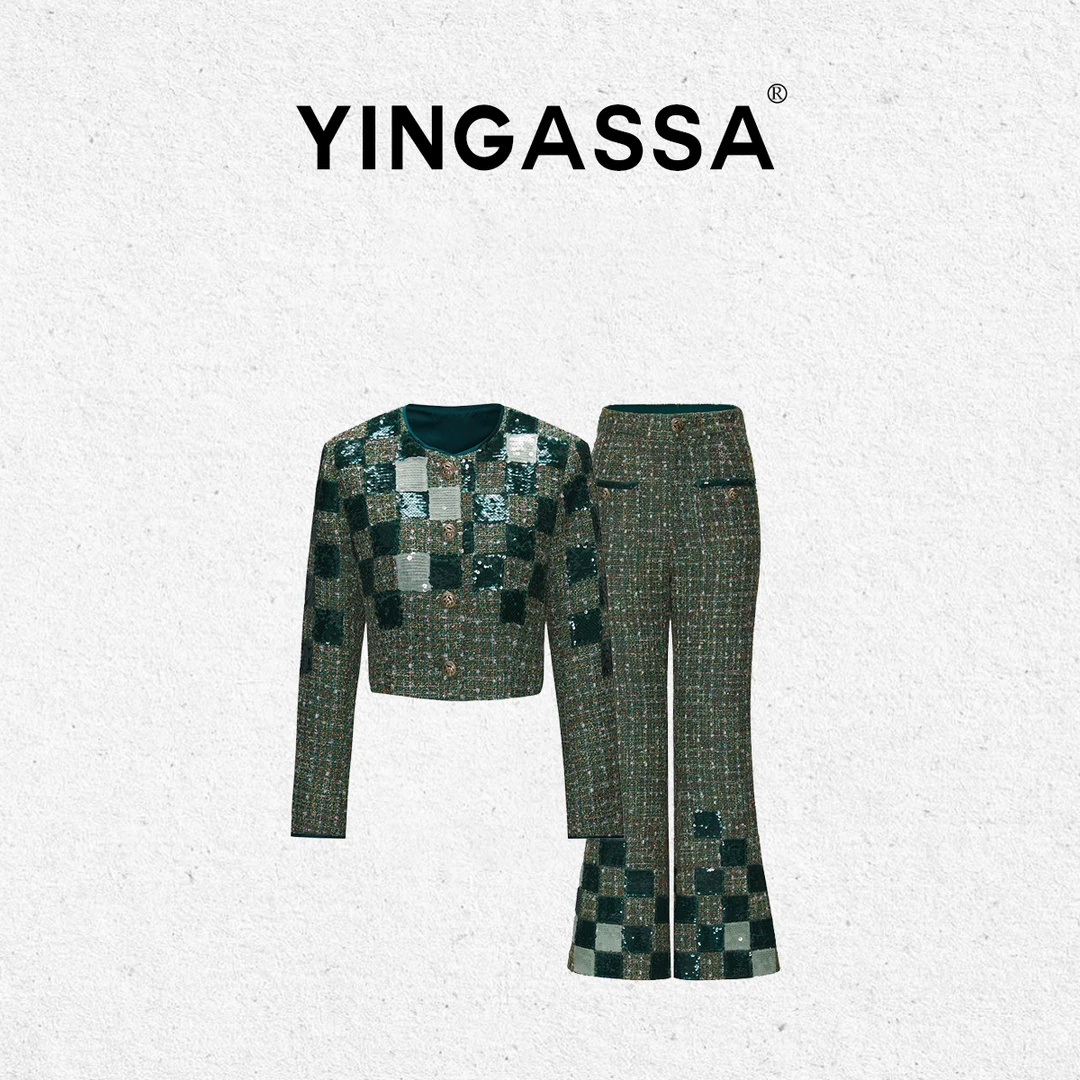 YINGASSA【沧海遗珠】春秋时尚新款手工棋盘格亮片小香风套装