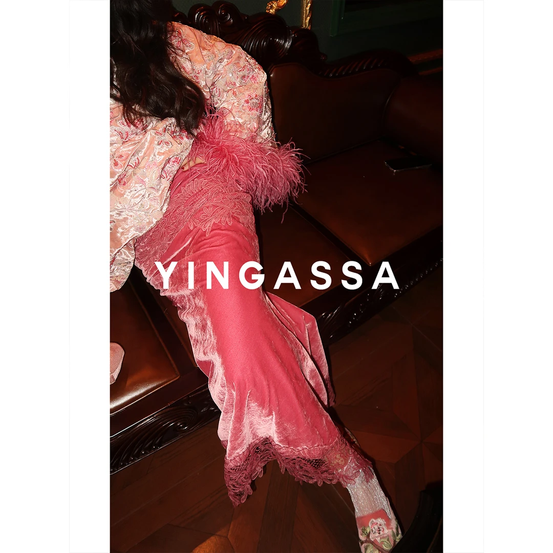 YINGASSA【粉黛贵妇】原创设计鱼尾蕾丝丝绒中式汉服半裙
