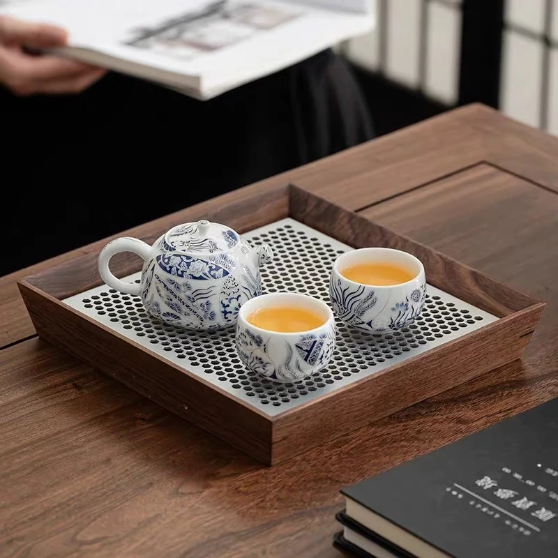 复古中式手绘藻鱼纹茶具套装一壶两杯陶瓷日式竹制