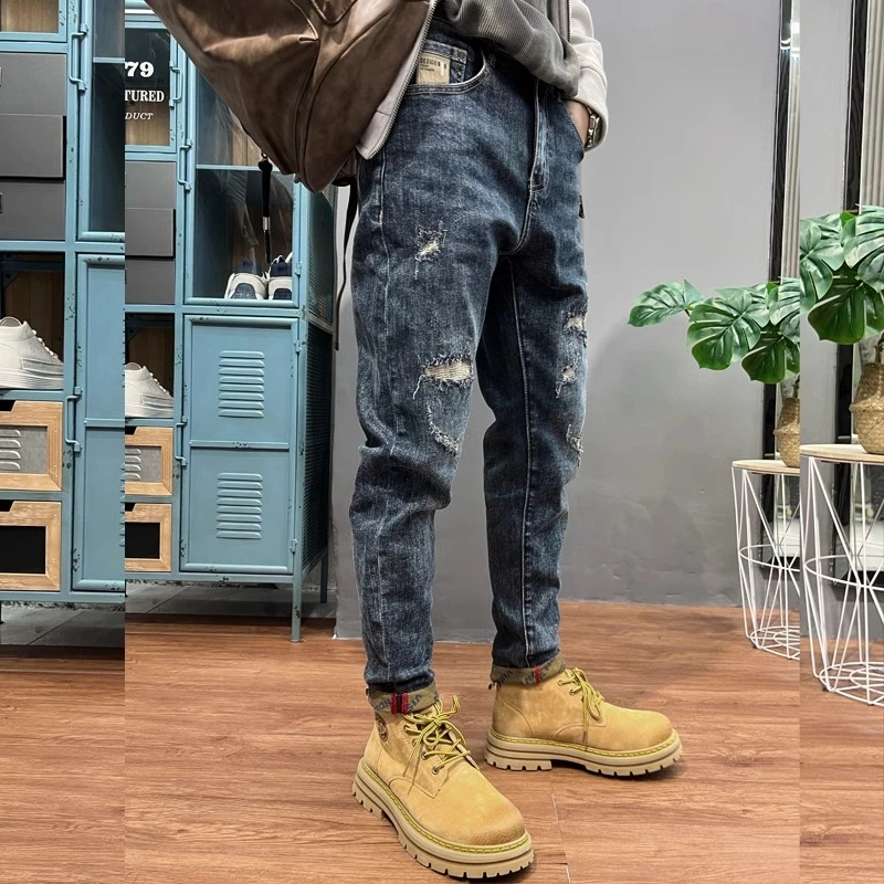 欧洲站轻奢收脚猫须破洞乞丐裤韩版百搭小脚牛仔长裤潮男修身裤子
