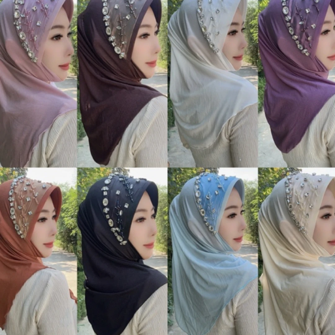 新款民族盖头星淘沙硬帽檐遮阳头巾手缝时尚纱巾(帽沿方钻硬帽檐)