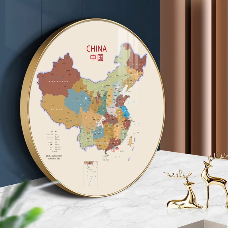 中国地图装饰画圆形玄关客厅挂图走廊过道墙壁画办公室电表箱挂画