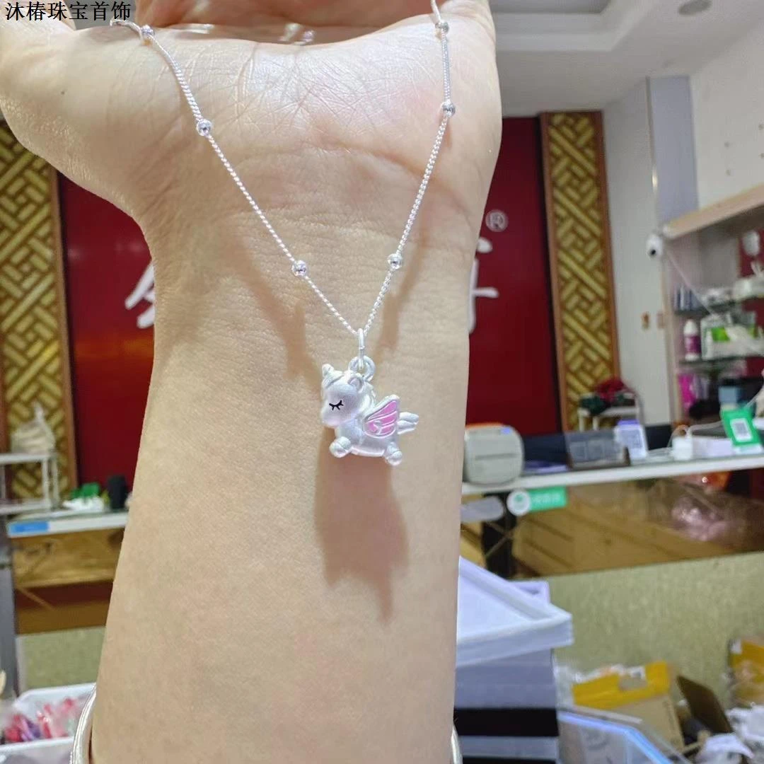 吊坠足银 足银999卡通纯银独角兽项链学生挂坠锁骨链女友生日礼物
