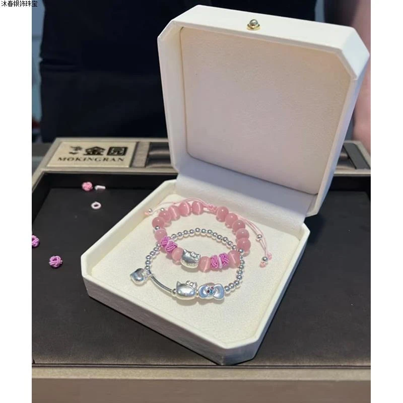 足银手链 足银999凯蒂猫纯银hellokitty手链白月粉珠手串生日礼物