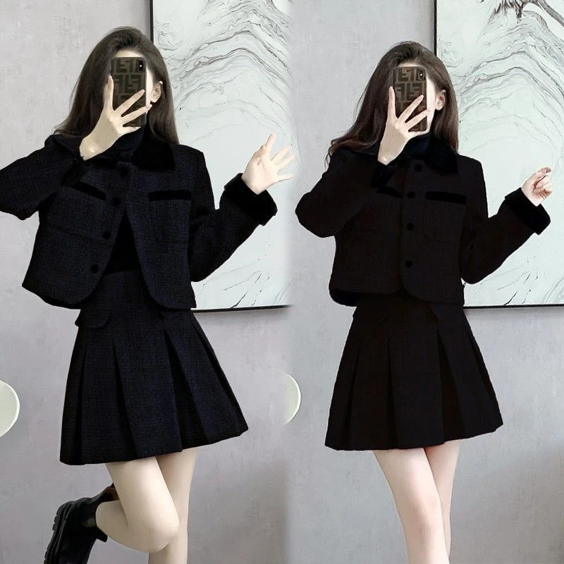 轻奢小香风短款外套套装裙女秋冬法式感百褶裙两件套