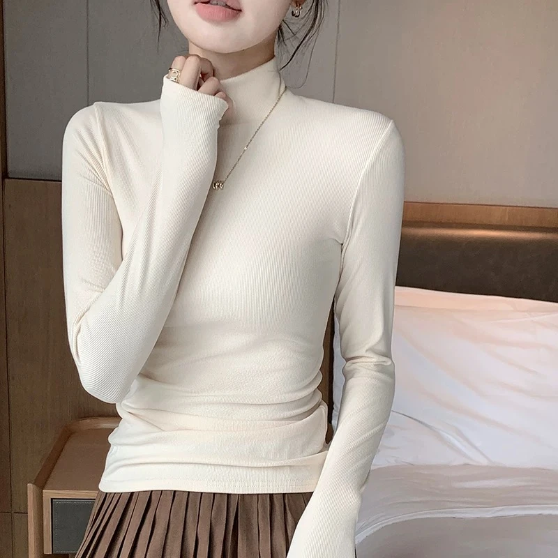 半高领加绒加厚螺纹打底衣冬款百搭纯色长袖保暖修身
