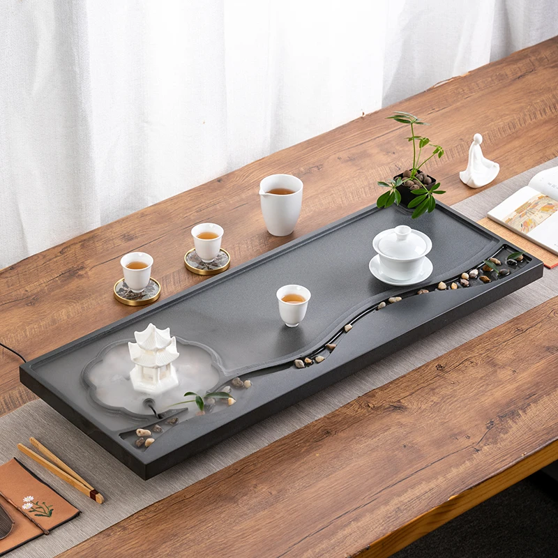 天然乌金石茶盘创意茶海大号排水家用茶盘雾化流水景观茶台中式
