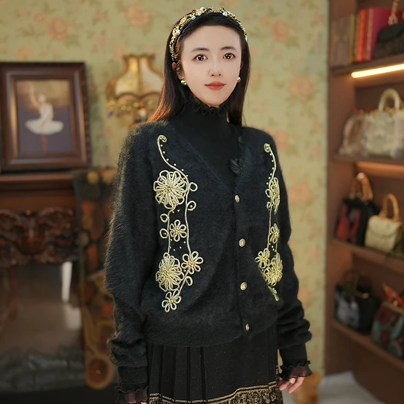 盘绣开衫 2024新款拉绒羊绒 秋冬雾感黑色长袖针织宽松毛衣女士