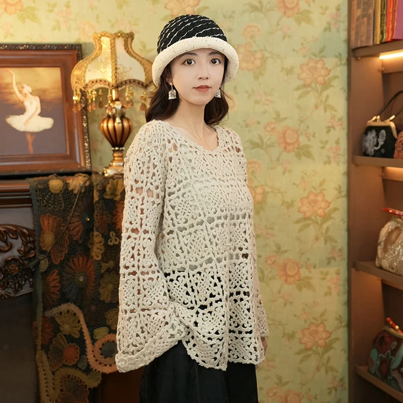 花蔻纯手工中国结长袖毛衣 秋冬重工小众设计感上衣喇叭袖