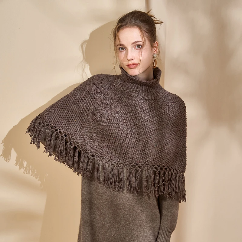花蔻纯手工编织护肩保暖流苏小披肩女士秋冬加厚复古高领斗篷外搭