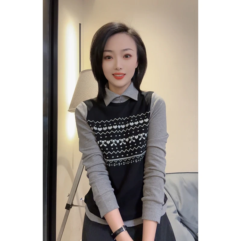 新品时尚双面德绒洋气百搭冬季假两件长袖打底衫显瘦女上衣 24393