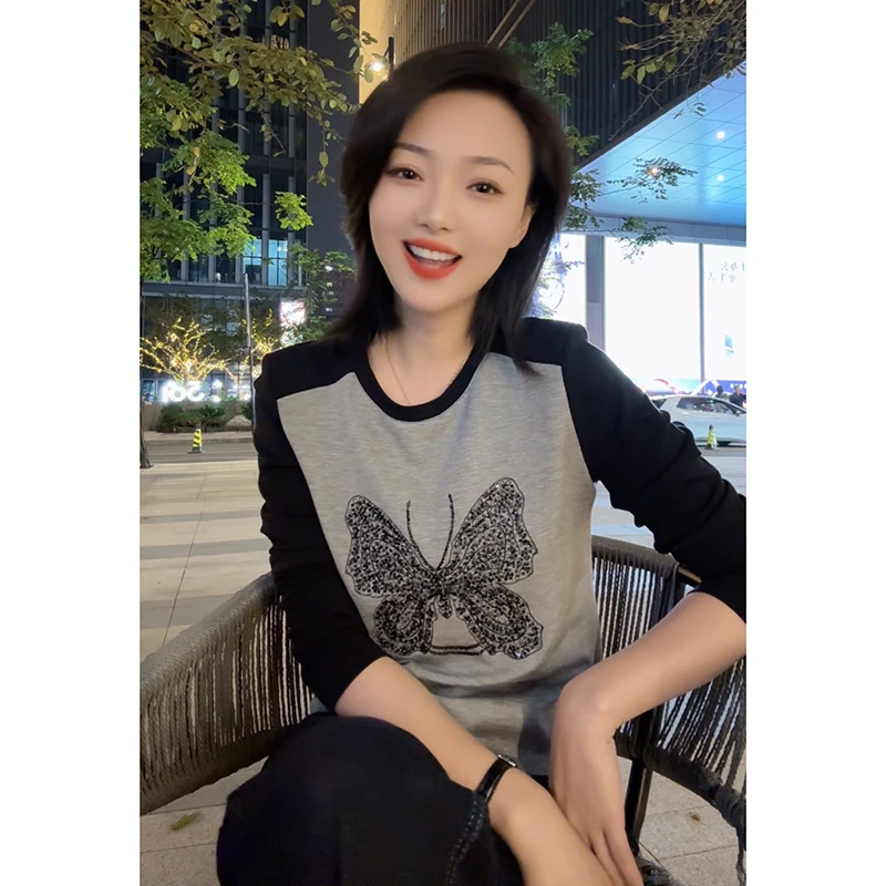 秋冬新款时尚百搭长袖卫衣撞色拼接圆领打底上衣女24328