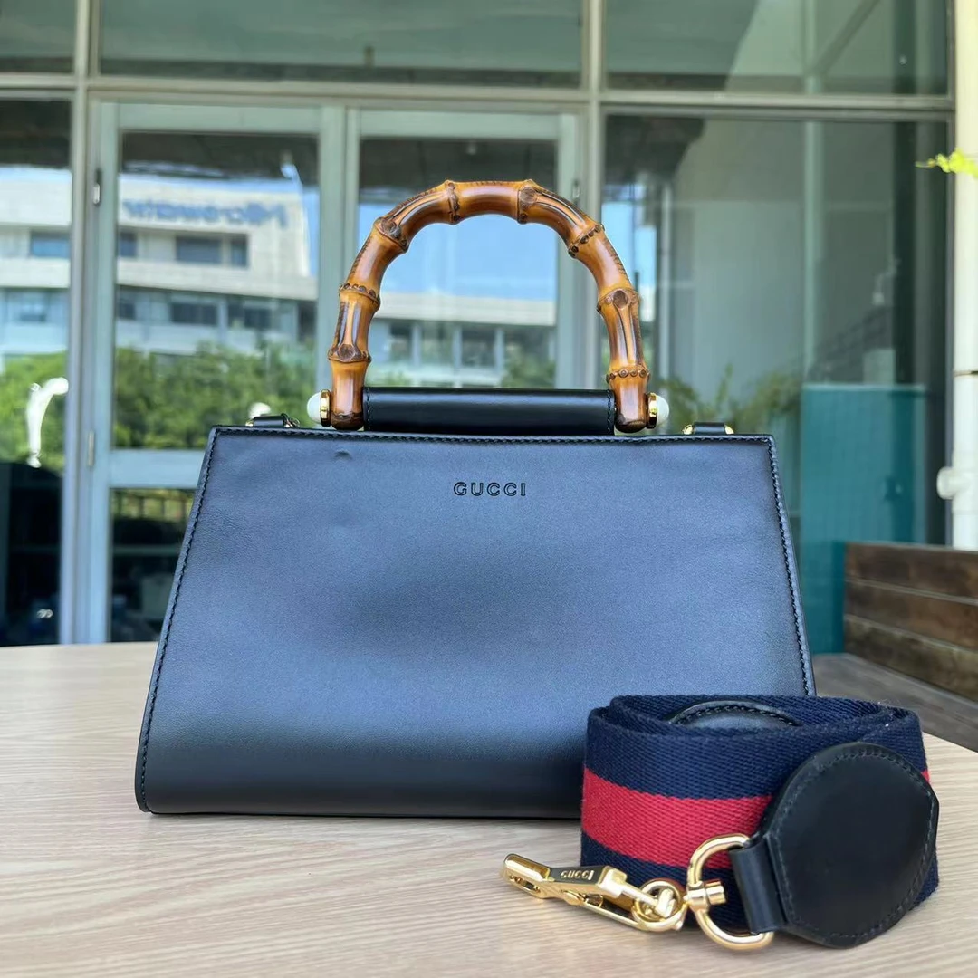 95新 GUCCI/古驰 黑色竹节手提单肩斜挎包