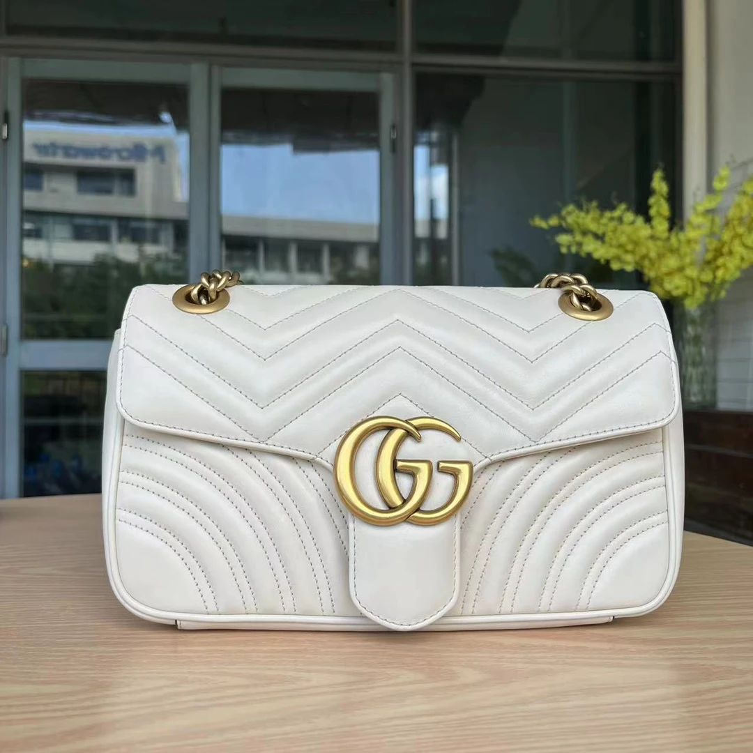 95新 GUCCI/古驰 白色牛皮marmont26链条包