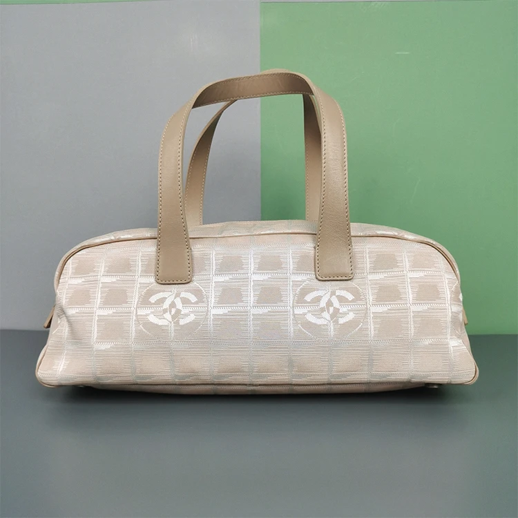 95新 Chanel/香奈儿 米色格子帆布保龄球包