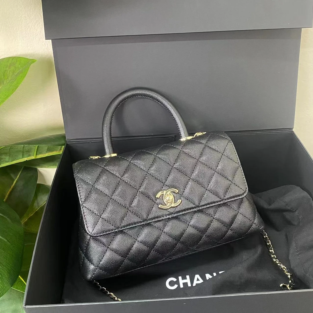 95新 Chanel/香奈儿 cocohandle黑色荔枝纹黑柄小号链条包定金