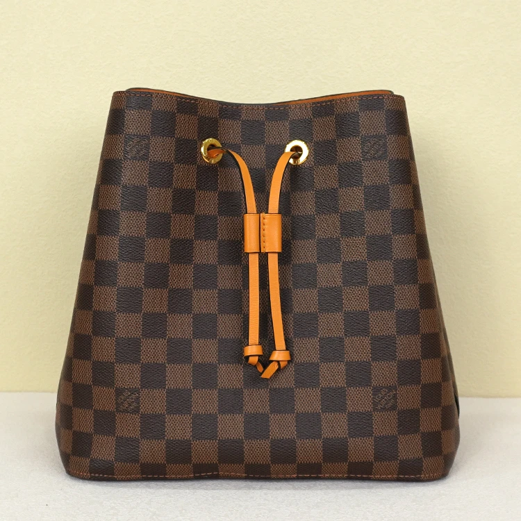 95新 LouisVuitton/路易威登 棕色棋盘格黄色牛皮新款水桶包