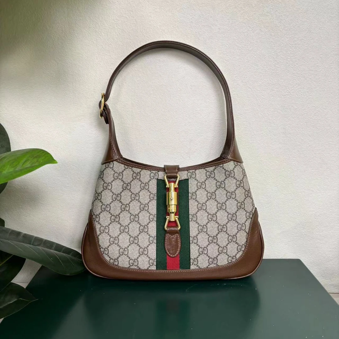 95新 GUCCI/古驰 焦糖色拼老花jackie单肩手腕包