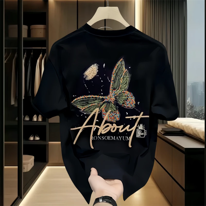 新款潮流轻奢休闲纯棉半袖黑色宽松百搭短袖T恤小众t恤设计感印花