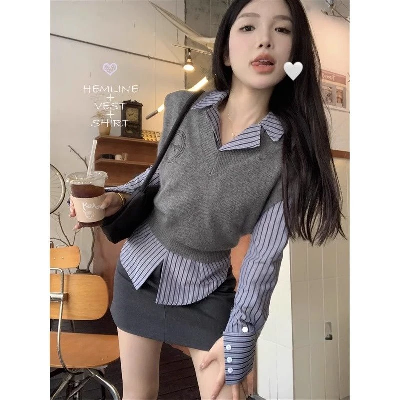 学院风套装长袖条纹衬衫女针织毛衣马甲背心秋冬季新款打底两件套