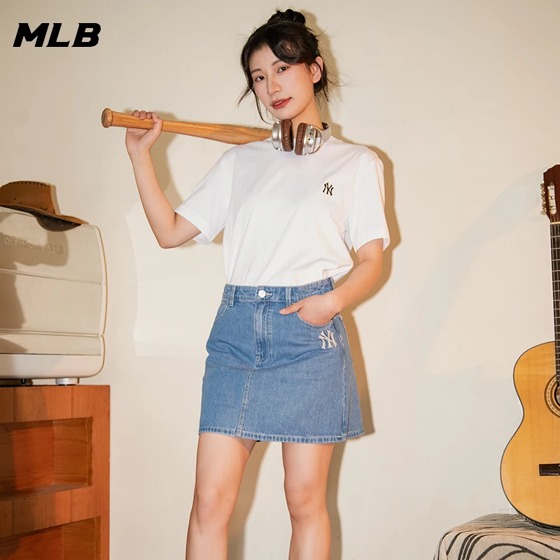 MLB时尚套装女士 夏季新款白色短袖牛仔短裙休闲上衣潮流复古裙子