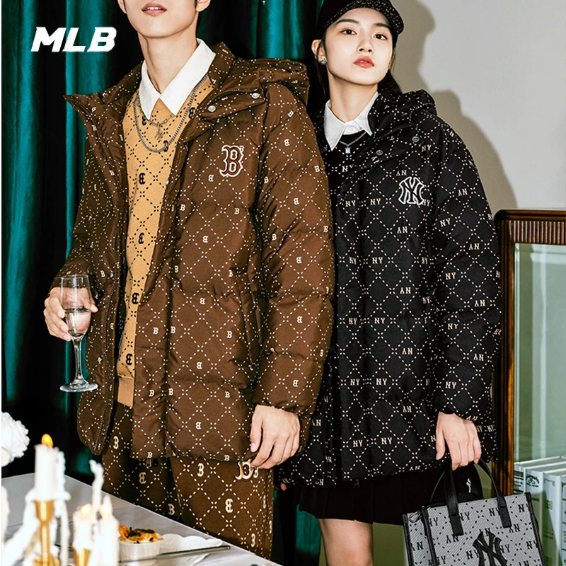 MLB羽绒服情侣2023冬季新款老花系列深棕色休闲运动外套3ADJM0336