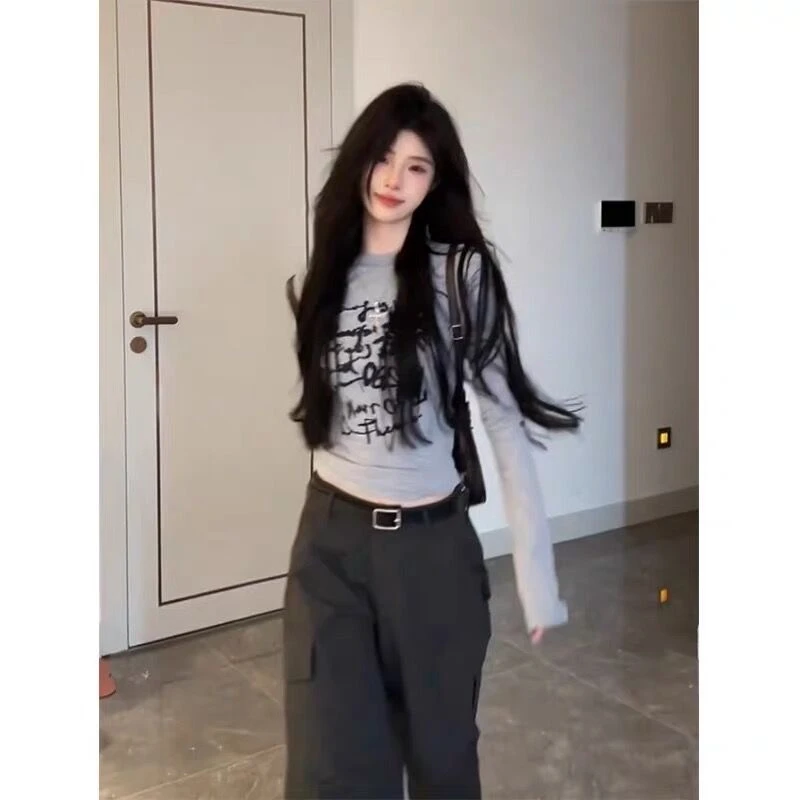 美式复古插肩涂鸦印花长袖t恤女春秋紧身打底衫内搭显瘦辣妹上衣