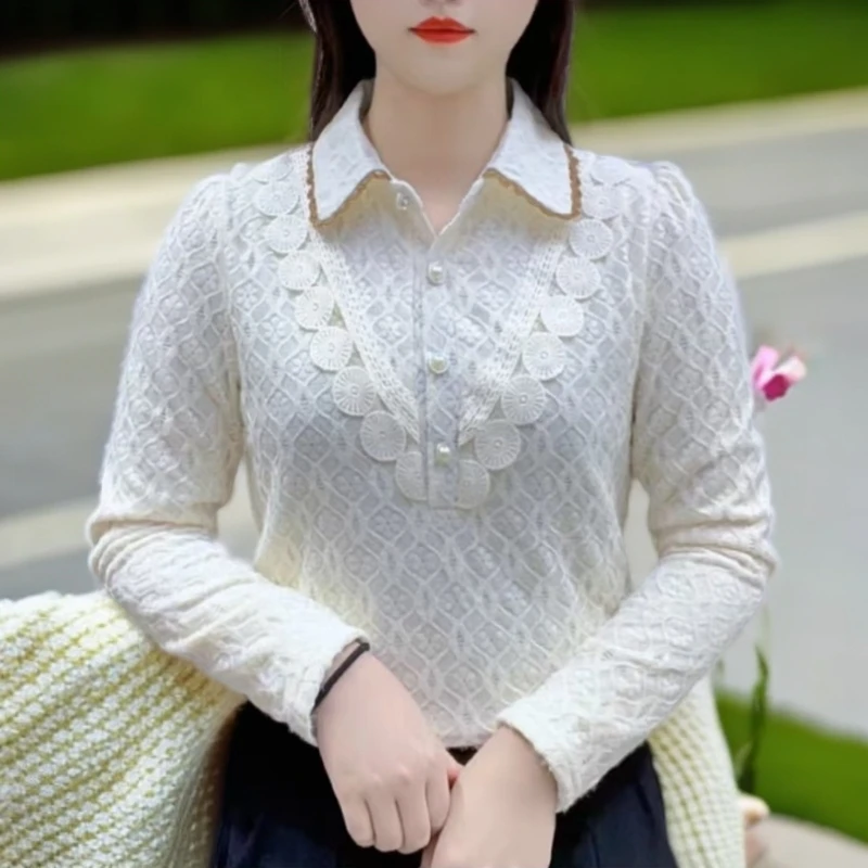 2024冬季新款遮肉显瘦加绒衬衫洋气减龄时尚百搭蕾丝拼接衬衣