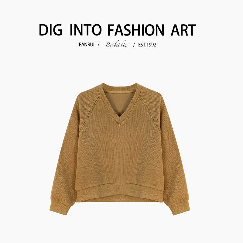 【泛芮】简约纯色气质百搭卫衣设计感休闲打底v领上衣B10374
