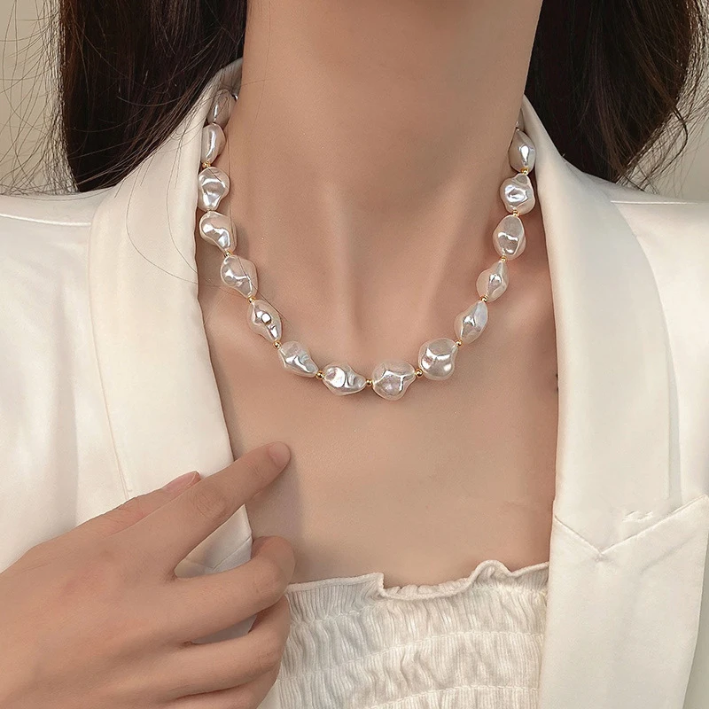 合金仿珍珠项链 法式复古项链女小众高级感不规则锁骨链气质颈链