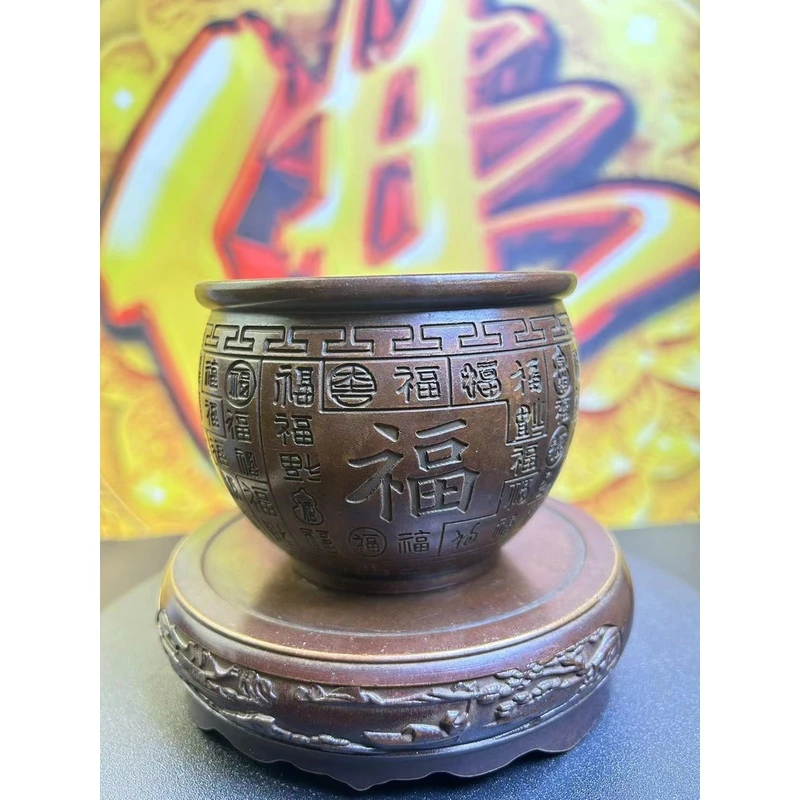 百福铜缸黄铜米缸摆件家居客厅聚米盆大号存钱罐铜器古法朋友空心