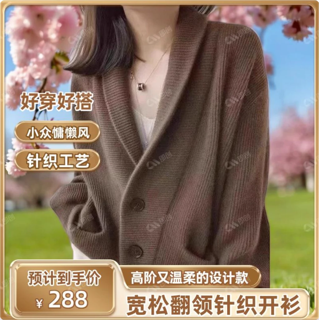 早秋羊绒衫女100%纯羊绒针织开衫秋冬翻领宽松毛衣外套上衣时尚