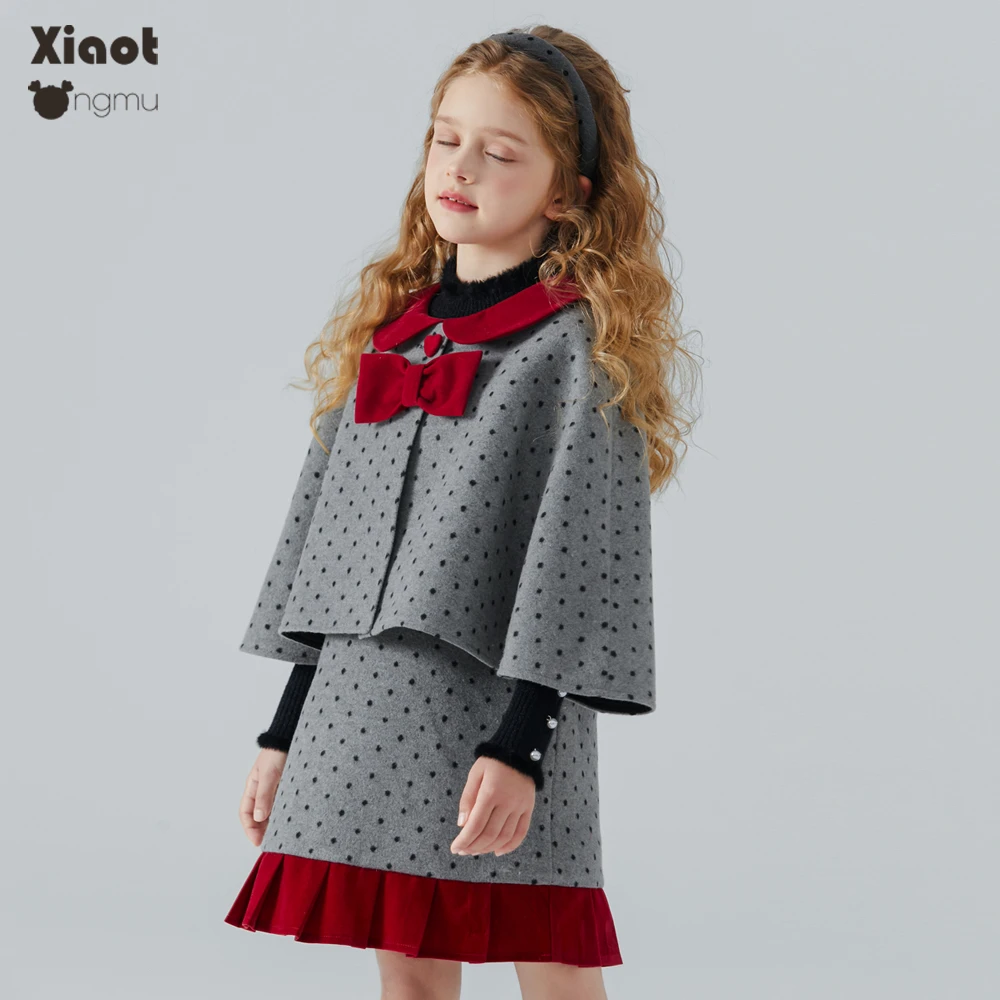 小童木 复古赫本风女童毛呢套装冬装新款女大童斗篷外套背心裙套