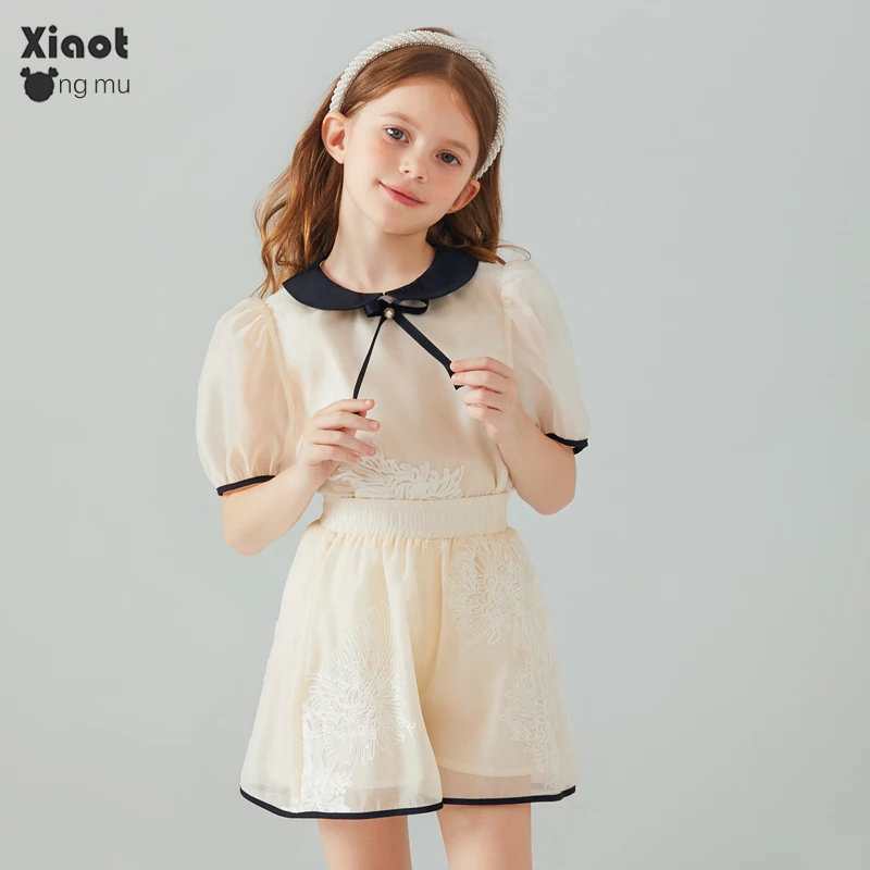 小童木 中式花朵刺绣女童套装夏季新款洋气中大童短袖短裤两件套