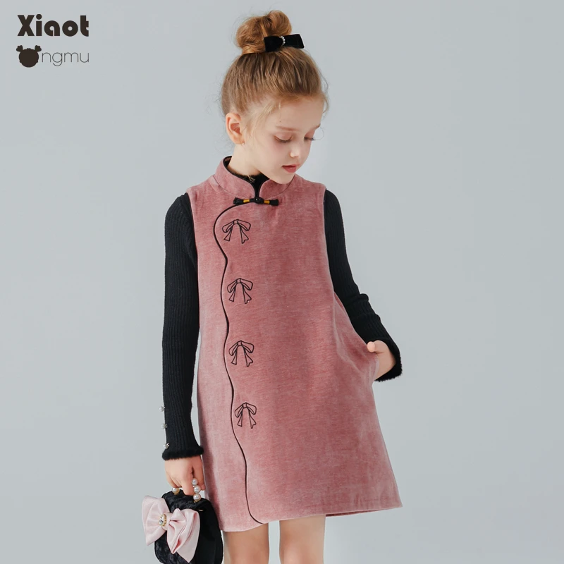 小童木 复古婉约女童丝绒连衣裙秋冬2024新款旗袍裙女大童背心裙