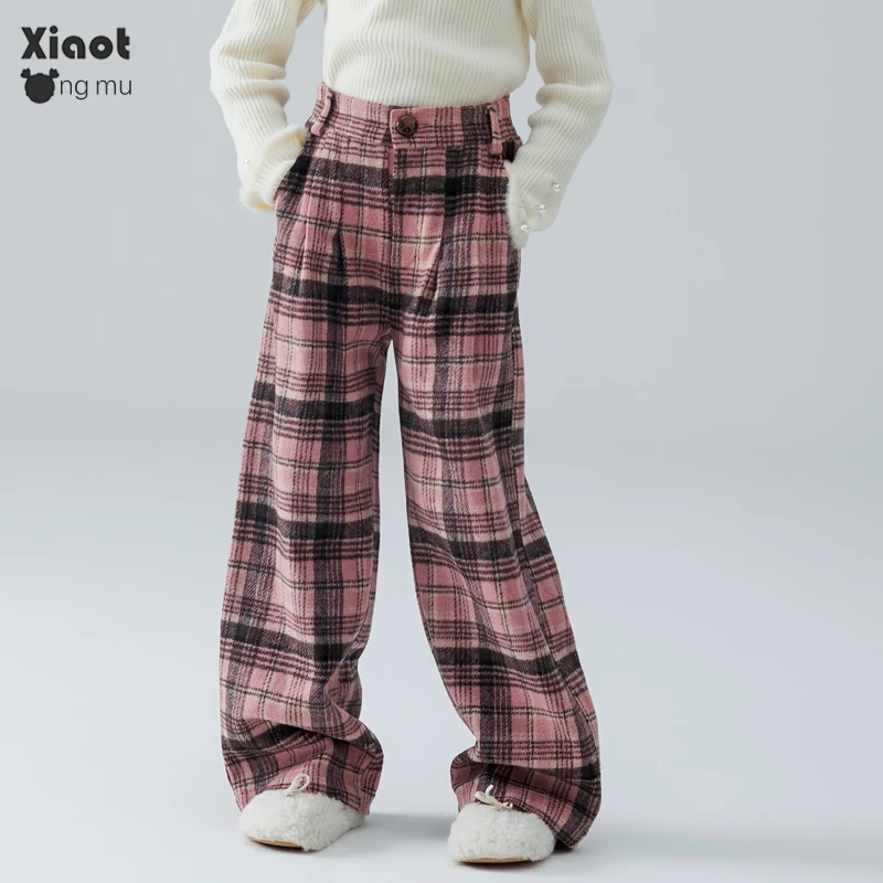【断码特价】粉色格纹女童毛呢阔腿裤冬季新款中大童加绒休闲裤子