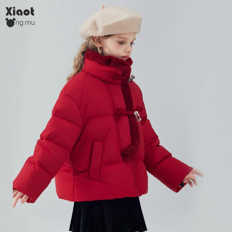 小童木 酒红色女童羽绒服冬季2024新款90白鸭绒儿童短款羽绒外套