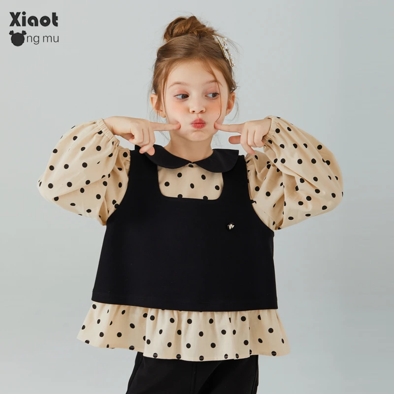 【断码特价】法式复古女童小衫秋季新款中大童波点衬衫马甲两件套