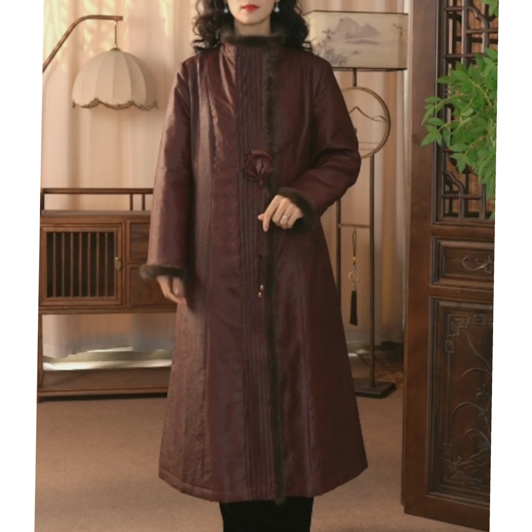 秋冬红云纱气质修身棉衣棉服中式国风立领水貂毛棉大衣外套23291