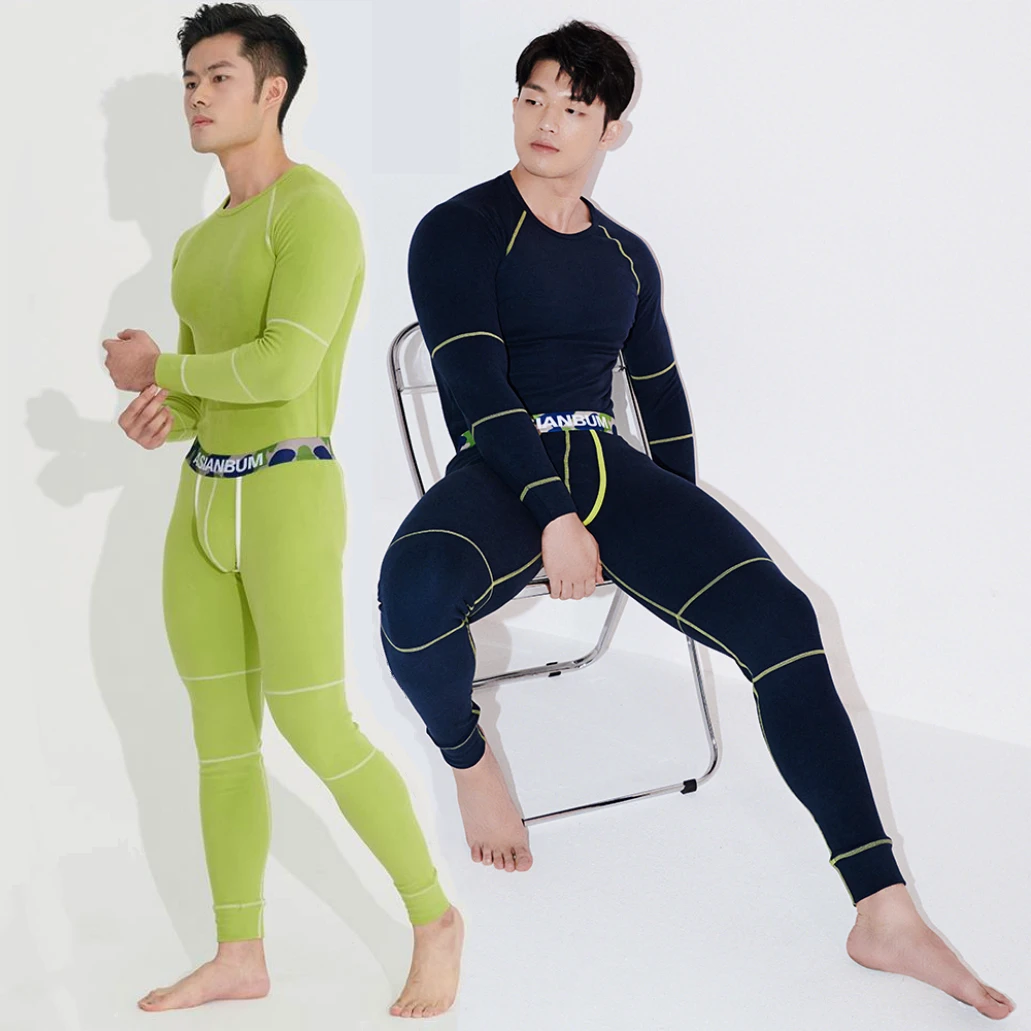 Asianbum男士厚款拼接修身蓄热运动双面绒保暖内衣套装【达人】