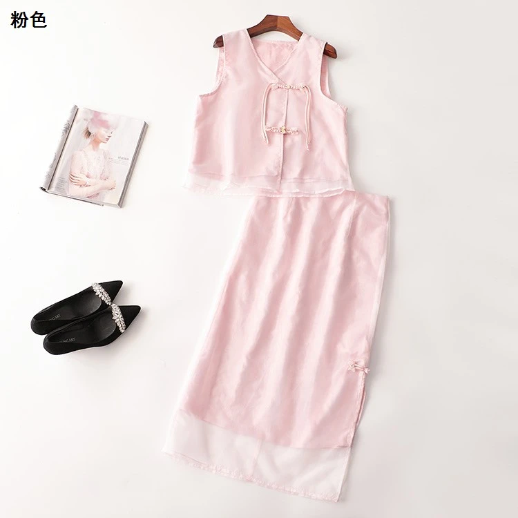 243863秋长款无袖V领马夹半身裙套装