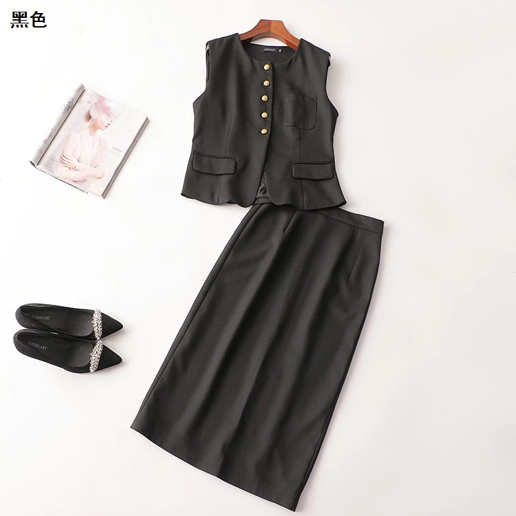 244745秋中长款无袖圆领马夹半身裙套装