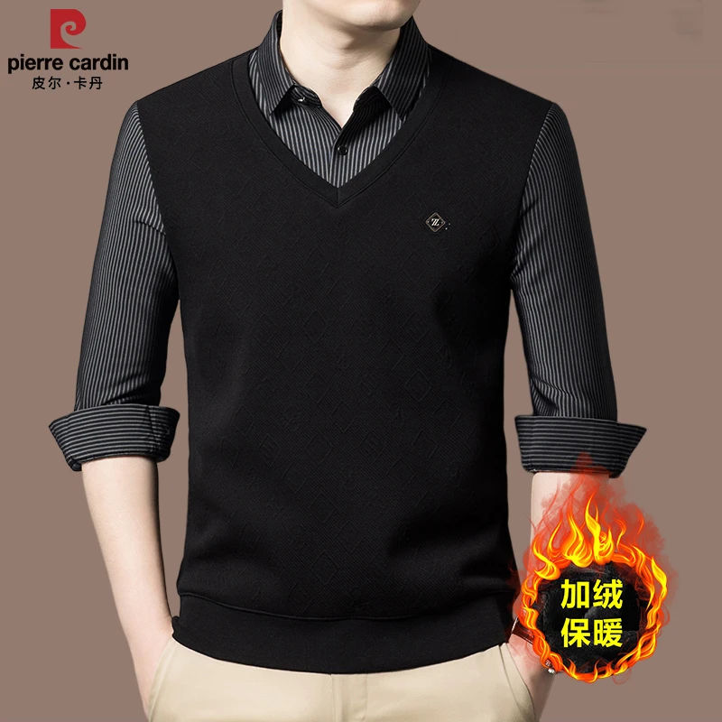 【国际大牌皮尔卡丹】高档加绒假两件衬衫男士冬季加厚休闲打底衫潮