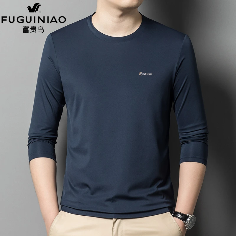 富贵鸟【含桑蚕丝】圆领打底衫男长袖T恤2024新款秋季纯色内搭上衣