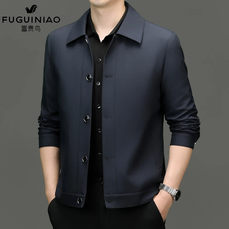 FUGUINIAO/富贵鸟秋季翻领夹克男士商务休闲行政宽松外套中老年