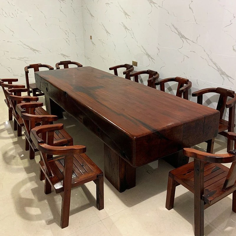 老船木办公桌会议桌别墅餐桌实木条形大台老船木家具桌椅组合泡茶