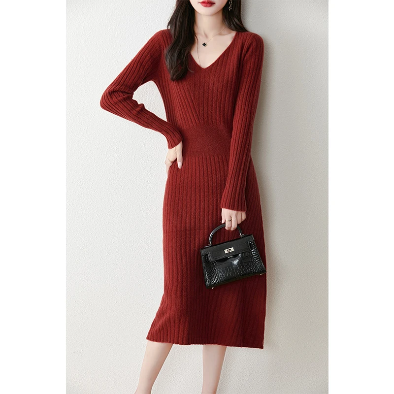 100新款V领纯羊毛气质过膝修身显瘦连衣裙RT1161110
