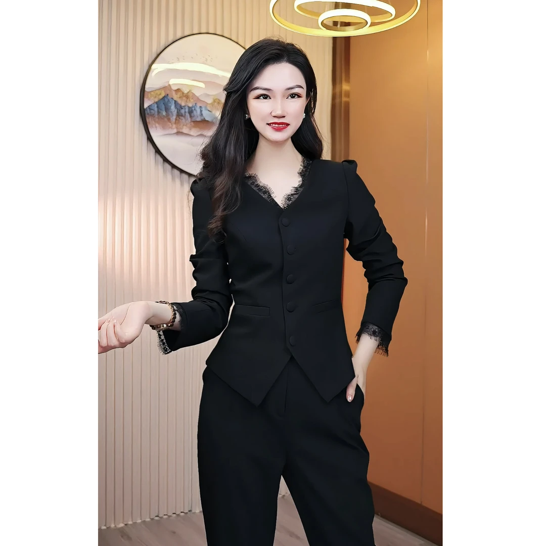 春季新款蕾丝花边精致优雅轻熟风显瘦气质通勤套装女韩版职业西装