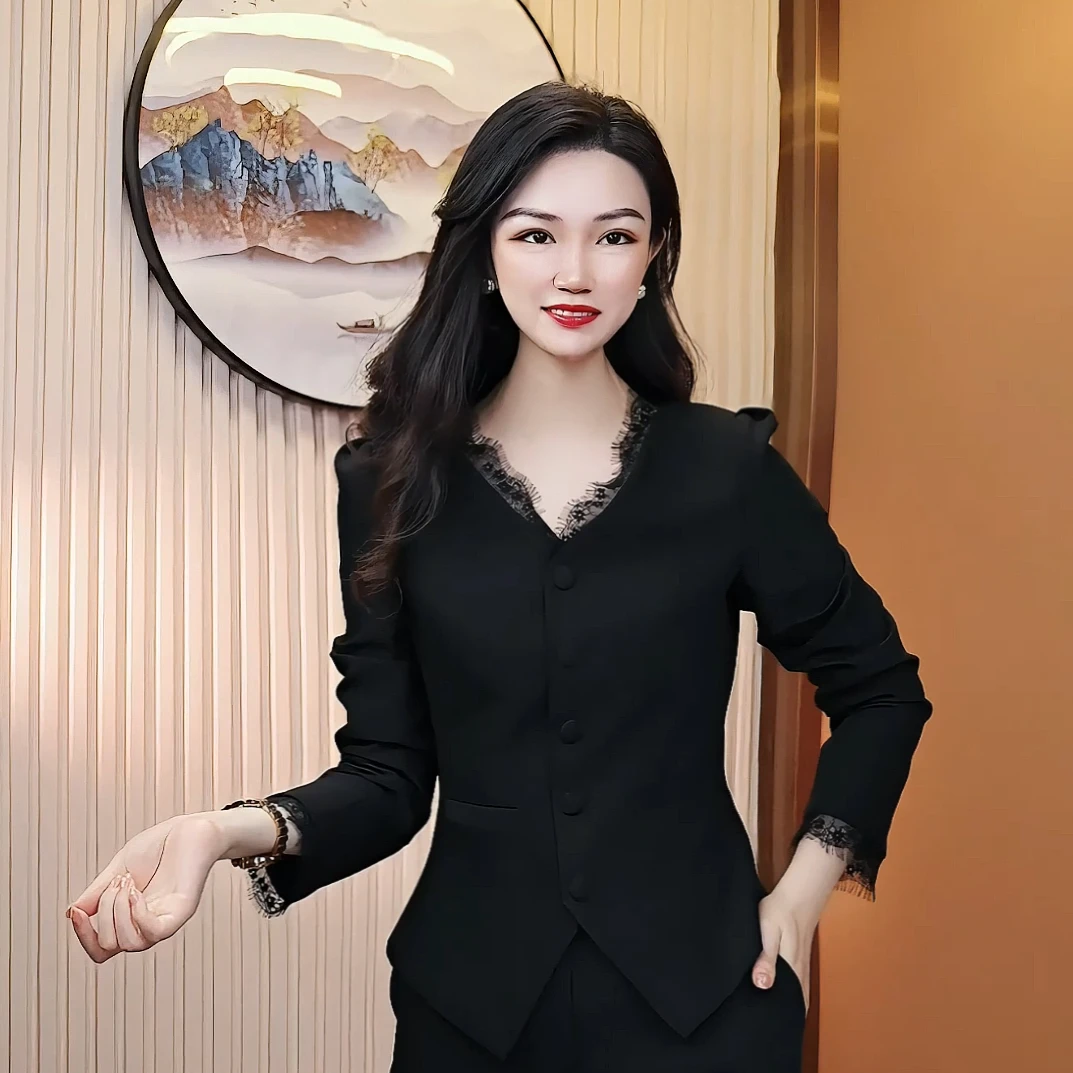 秋冬新款蕾丝边精致优雅轻熟风显瘦气质通勤套装女韩版职业西装