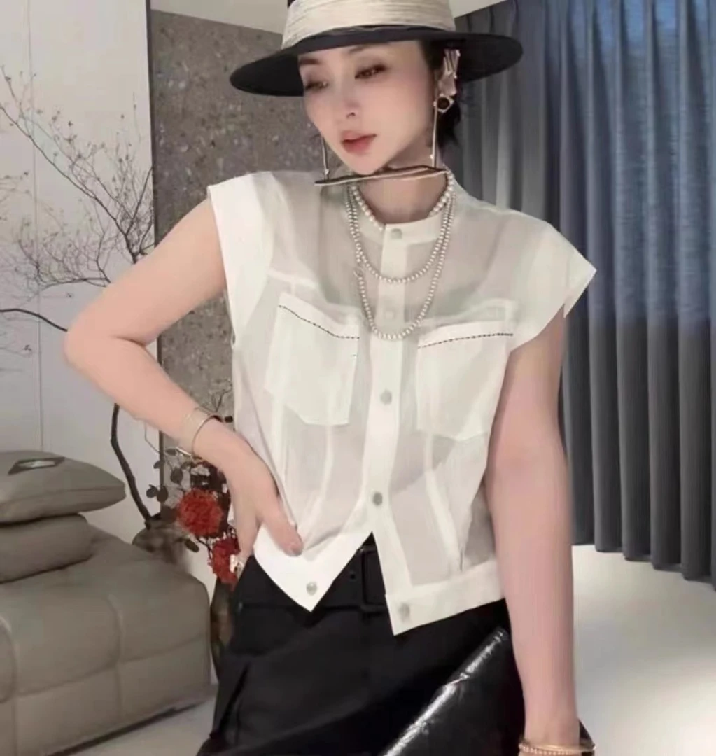 无袖衬衫2024新款女夏季休闲百搭潮流上衣小个子单排扣外穿短小衫